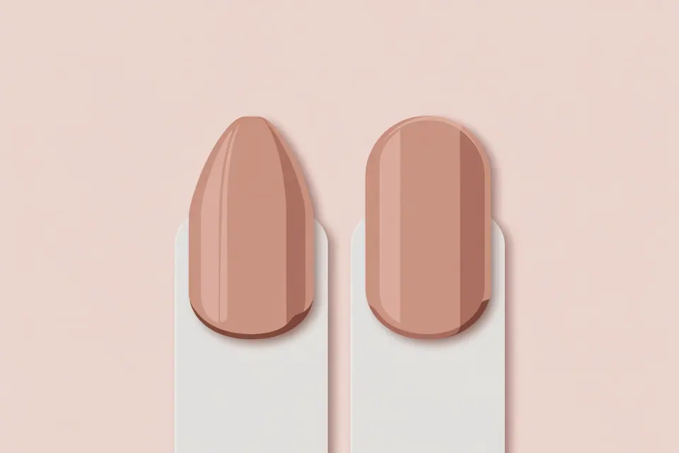 Nude manicure samples with a tapered almond outline and a rounded oval outline.