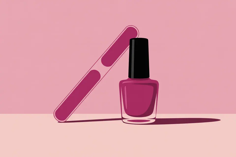 Magenta polish bottle beside a slim nail file on a pink background.