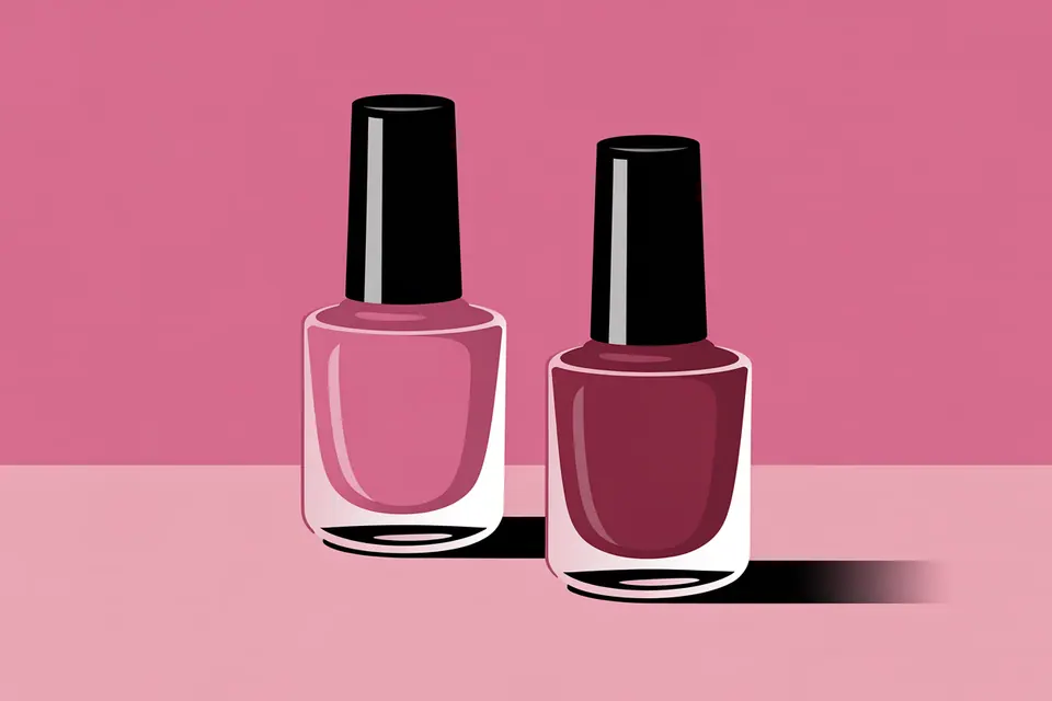 Plain pink and burgundy nail polish bottles on a pink background.