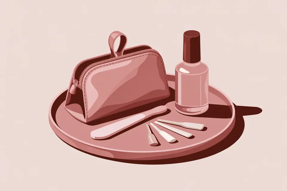Pink manicure pouch, plain polish bottle, nail file and sample tips on a tray.