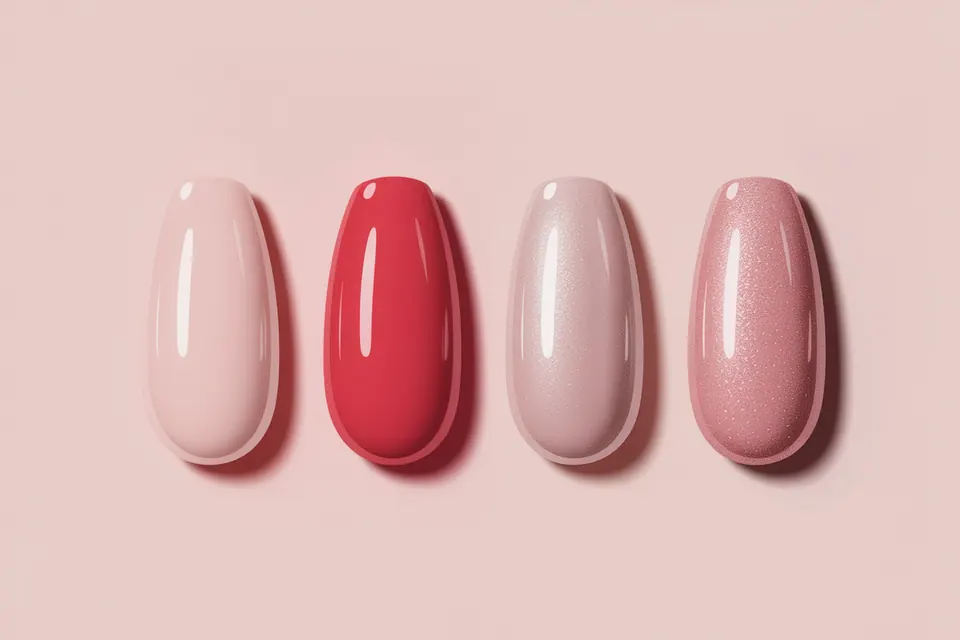 Pink and red manicure samples with glossy plain and sparkly finishes.