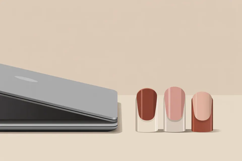 Short manicure swatches beside the corner of a closed silver laptop.
