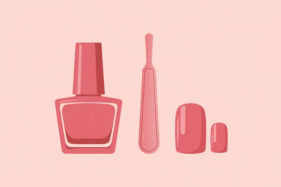 Pink polish bottle and manicure tools beside short and long sample tips.