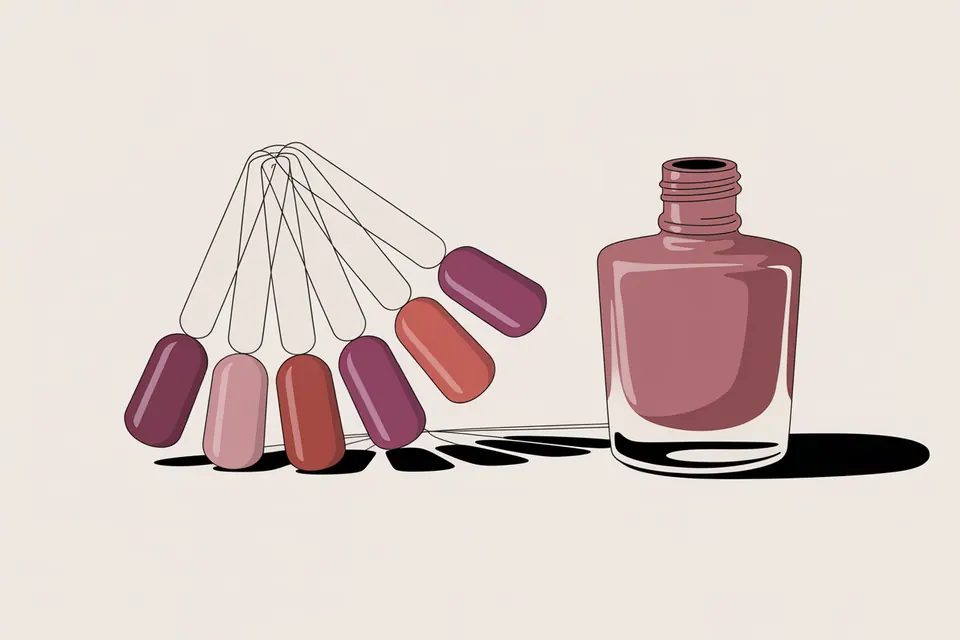 A fan of manicure swatches in pink, burgundy and muted red beside a plain polish bottle.