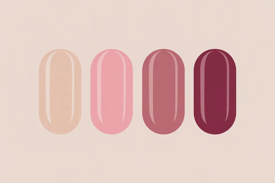 Short rounded manicure swatches in pale pink, pink and burgundy.