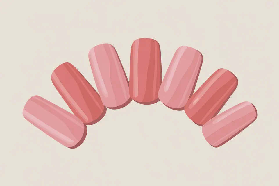 Pink manicure sample tips arranged in a loose fan.