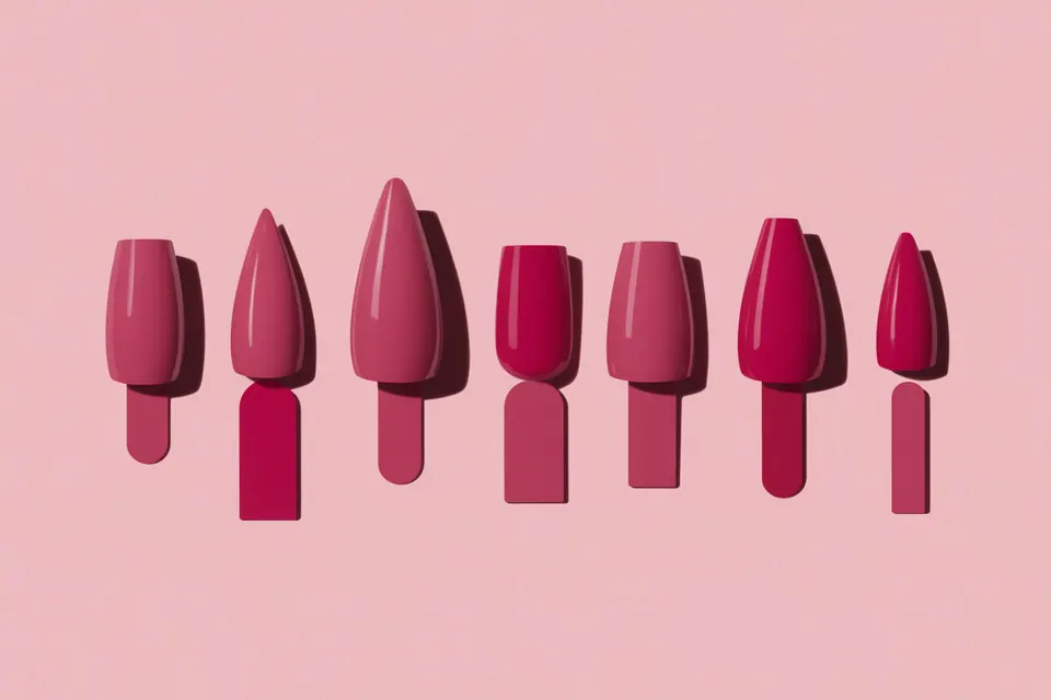 Burgundy manicure samples showing varied lengths and pointed, rounded and squared outlines.