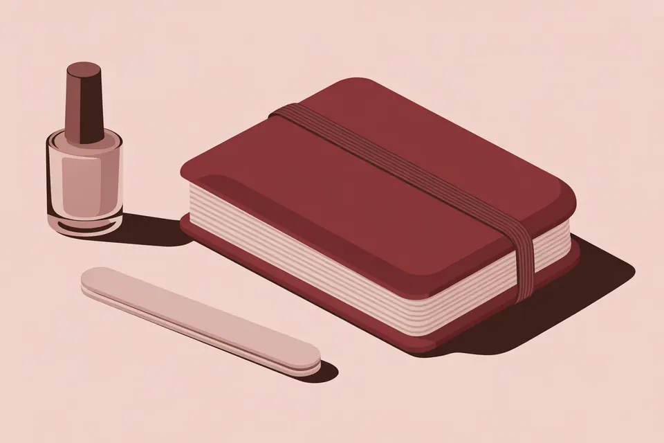 Closed burgundy book with an elastic band beside a polish bottle and nail file.
