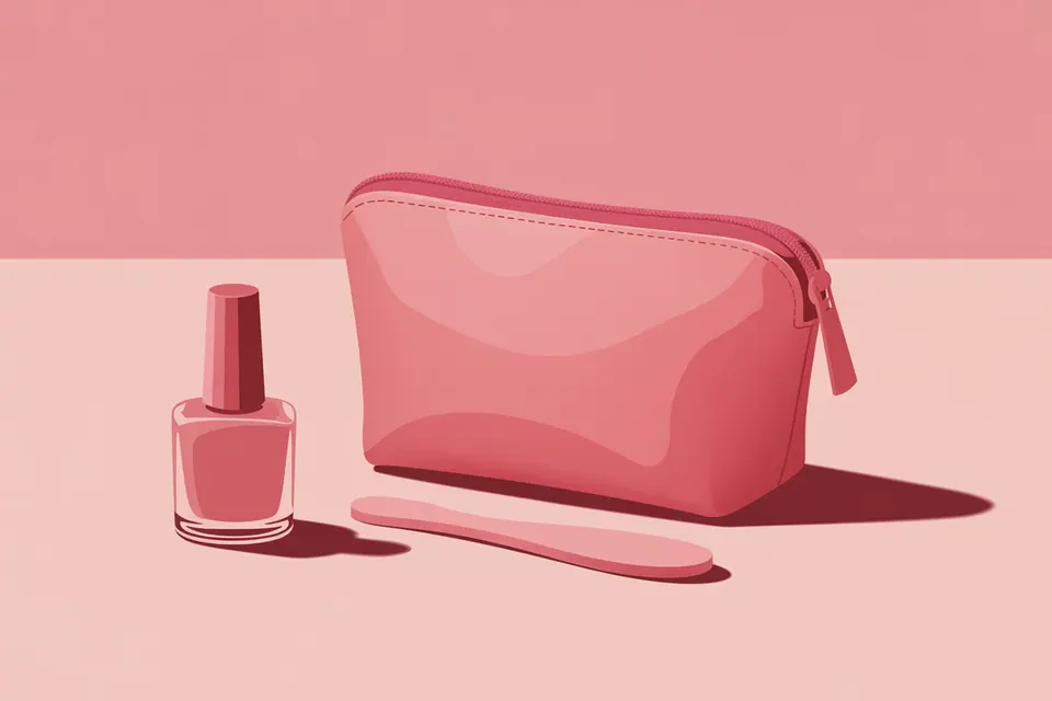 Pink zipped manicure pouch beside a plain polish bottle and nail file.