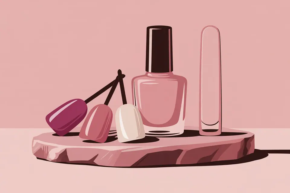 Pink and ivory manicure swatches beside a plain polish bottle and upright nail file.